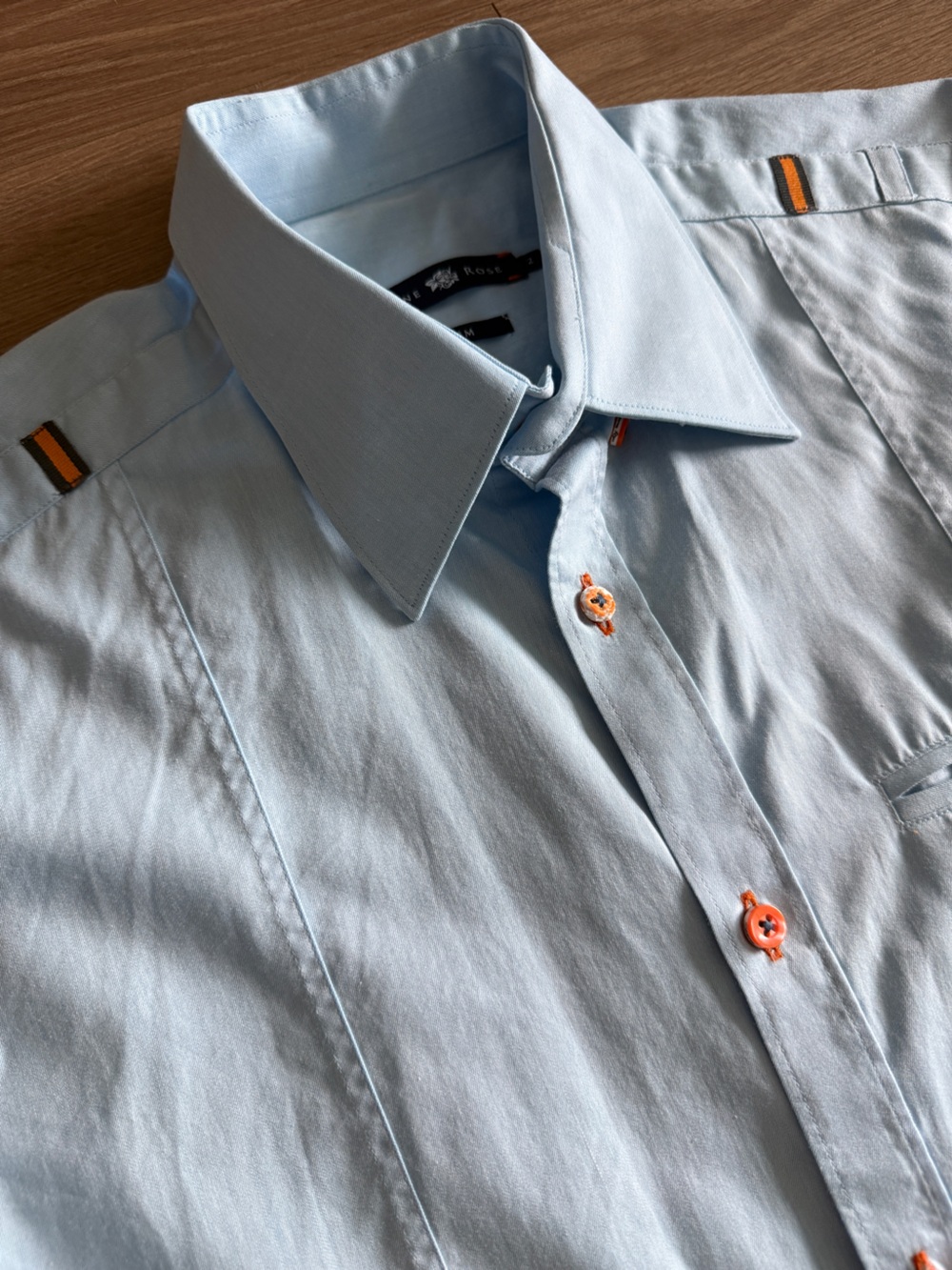 Stone Rose Light Blue Men's Dress Shirt with Orange Military Style Accent - 2